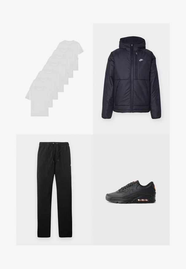 Crna Nike jakna s podstavom, dugmadi sprijeda i kapuljačom. Ima bijeli logotip na lijevoj strani prsnog koša i dva prednja džepa. Glatka vanjska tekstura.; Bijele pamučne majice, kratki rukavi, dizajn s okruglim izrezom, jednostavne teksture, složene u red, s suptilnim brendiranjem na izrezu.; Crne trenirke od flisa, s elastičnim pojasom i vezicama, dva prednja džepa i mali logo na butini.; Nike Air Max 90 tenisice s crnim sintetičkim gornjim dijelom, teksturiranom završnom obradom, vezanjem sprijeda, vidljivom zračnom jedinicom i narančastim logotipom.