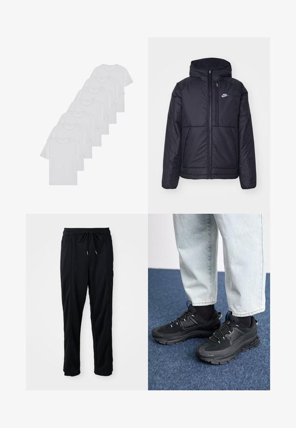 Juodas, paminkštintas Nike džemperis su priekyje užtrauktuku ir gobtuvu. Pasižymi balta logo kairėje krūtinės pusėje ir dviem priekinėmis kišenėmis. Su lygiu išoriniu paviršiumi.; Baltos medvilninės marškinėliai, trumpomis rankovėmis, apvaliu kaklu, lygia tekstūra, sušluoti į eilę, su subtiliu prekės ženklu ant kaklo.; Juodos laisvos kelnės su raišteliu liemens, šoninėmis kišenėmis ir tiesiu kirpimu ant vienodos fono.; Juodi sportiniai bateliai su tekstūruota medžiaga ir guminiais padais, su elastingomis raišteliais ir mėlynu akcentu ant kulno. Dėvimi su šviesiai mėlynomis džinsinėmis kelnėmis.