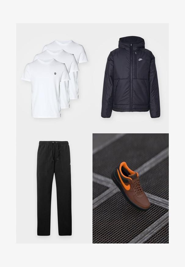 Juodas, paminkštintas Nike džemperis su priekyje užtrauktuku ir gobtuvu. Pasižymi balta logo kairėje krūtinės pusėje ir dviem priekinėmis kišenėmis. Su lygiu išoriniu paviršiumi.; Trys baltos medvilnės marškinėliai su apvalia iškirpte, su mažuoju logotipu kairėje krūtinės pusėje. Sklandus paviršius; standartinė forma.; Juodos vilnonės kelnės su elastiniu juosmeniu ir raišteliais, dviem priekinėmis kišenėmis ir maža slogo ant šlaunies.; Rudos odinės kedai su oranžiniais akcentais, apvaliu pirštu, su raišteliais ir tekstūruota paviršiumi. Žalia guma padai su matomu "AIR" ženklu.