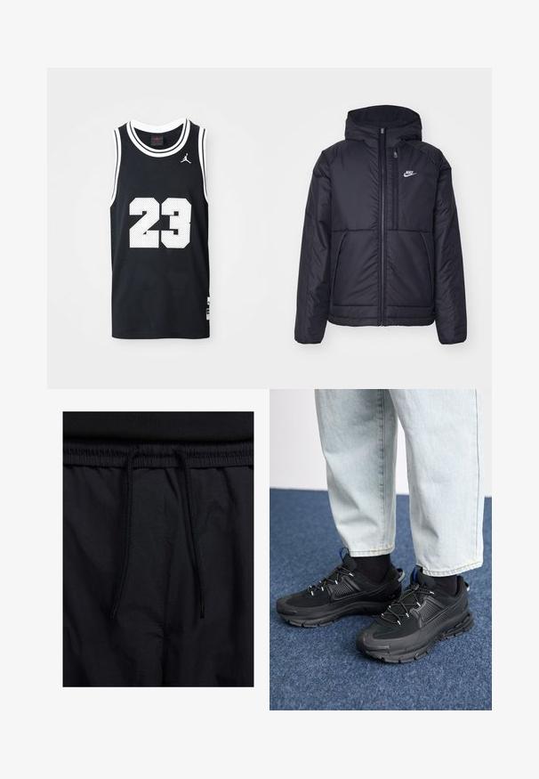 Svart, vadderad Nike-jacka med dragkedja framtill och huva. Har en vit logotyp på vänster bröst och dubbla framfickor. Slät yttextur.; Svart baskettröja, nätmaterial, utan ärmar. Har vit nummer "23" och detaljer. Logotypen syns på övre vänstra delen.; Svarta shorts med dragsko i midjan, lättviktig tyg med en slät yta och en enkel design utan synliga logotyper eller mönster.; Svarta sportskor med texturerat tyg och gummisulor, med elastiska snörningar och en blå detalj på hälen. Bärs med ljusa jeans.