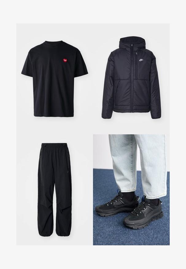 Jachetă Nike neagră, căptușită, cu fermoar pe față și glugă. Prezintă un logo alb pe pieptul stâng și două buzunare frontale. Textură exterioară netedă.; Tricou din bumbac negru, cu guler rotund și mâneci scurte. Are un mic logo sub formă de inimă roșie în zona stângă a pieptului.; Pantaloni cargo ușori negri, cu talie elastică, fermoare laterale și buzunare încăpătoare. Au un croi lejer și manșete evazate.; Pantofi sport negri, cu țesătură texturată și tălpi din cauciuc, având șireturi elastice și un accent albastru pe toc. Purtați cu pantaloni din denim deschis.