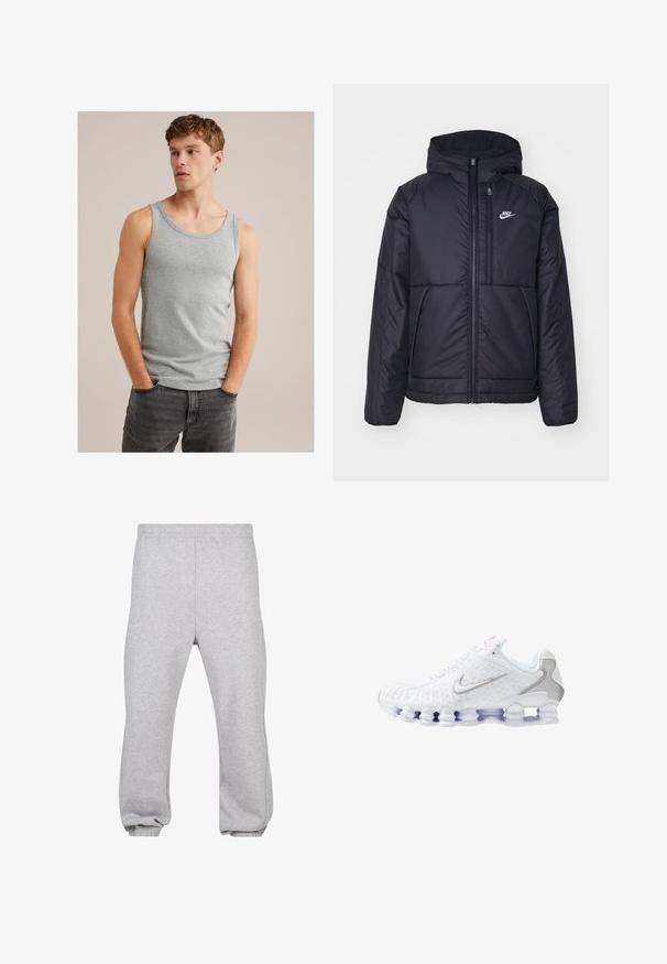 Svart, vadderad Nike-jacka med dragkedja framtill och huva. Har en vit logotyp på vänster bröst och dubbla framfickor. Slät yttextur.; Ung man med ljust brunt hår, iklädd en grå ärmlös linne och mörkgröna jeans, med händerna i fickorna, som tittar åt sidan.; Grå sweatpants i blandad bomull, med elastisk midja, tapered ben och muddade fållar. Enkelt design utan mönster.; Vita sportskor med en texturerad ovandel, en silverfärgad swoosh-logotyp, meshpaneler och en distinkt segmenterad vit sula.