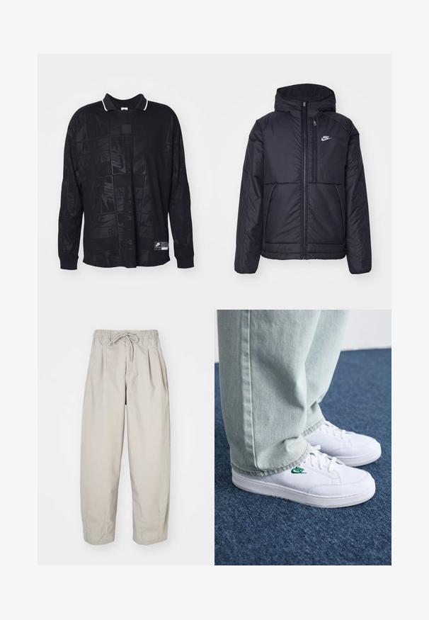Fekete, párnázott Nike dzseki elülső cipzárral és kapucnival. A bal mellen fehér logó található, valamint két elülső zseb. Simának tűnő külső felület.; Hosszú ujjú fekete póló, texturált mintával, kontrasztos fehér gallérral, és Nike logóval a bal alsó oldalon.; Beige, könnyű nadrág, rugalmas derékkal és zsinórral. Ráncokkal és laza szabással rendelkezik, puha, sima anyagból készült.; Fehér bőr sportcipők zöld Nike logóval, kerek orral, lapos talppal, világoskék farmernadrággal párosítva, kék szőnyegen bemutatva.