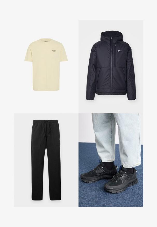 Sort, polstret Nike-jakke med frontlynlås og hætte. Har et hvidt logo på venstre bryst og to frontlommer. Glat ydre tekstur.; Cremefarvet bomulds t-shirt med korte ærmer. Har teksten "Danish Foodie Club" på venstre bryst. Normal pasform og glat tekstur.; Sorte sweatpants lavet af fleece, med en elastisk talje med snore, to frontlommer og et lille logo på låret.; Sorte træningssko med tekstureret stof og gummisåler, udstyret med elastiske snørebånd og en blå detalje på hælen. Bæres med lyse denimbukser.