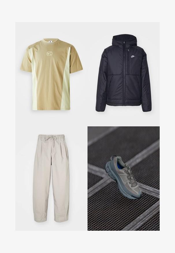 Casaco Nike preto, acolchoado, com fecho à frente e capuz. Apresenta um logo branco no lado esquerdo do peito e dois bolsos frontais. Textura exterior lisa.; T-shirt de manga curta em bege e verde claro, com decote redondo e um logo central da Nike Air. Tecido macio com uma textura suave.; Calças leves, bege, com cintura elástica e cordão. Apresenta pregas e um corte largo, confeccionadas em tecido suave e liso.; Sapatilha atlética bege e cinza com parte superior em malha texturizada, ponta arredondada e sola de borracha, com atacadores e colarinho almofadado.