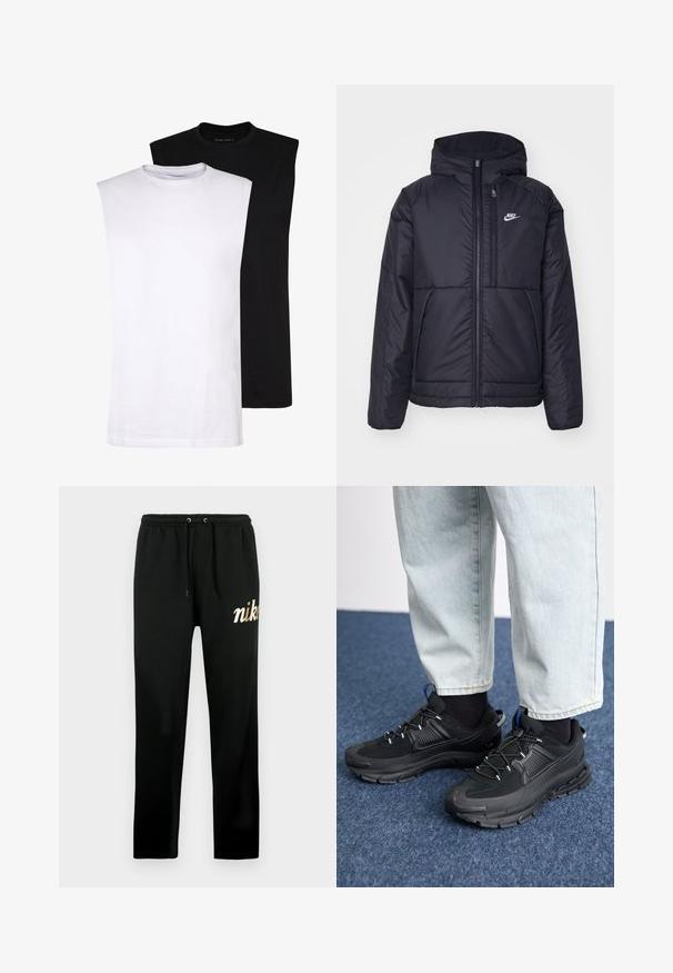 Giacca Nike nera, imbottita, con zip frontale e cappuccio. Presenta un logo bianco sul lato sinistro del petto e doppie tasche frontali. Texture esterna liscia.; T-shirt in cotone senza maniche bianche e nere con scollatura rotonda, texture liscia e design minimalista. Adatti a diverse situazioni casual.; Pantaloni della tuta neri in tessuto morbido, con vita elastica e coulisse, gambe affusolate e logo "nike" ricamato in oro.; Scarpe sportive nere con tessuto testurizzato e suole in gomma, dotate di lacci elastici e un accento blu sul tallone. Indossate con pantaloni in denim chiaro.