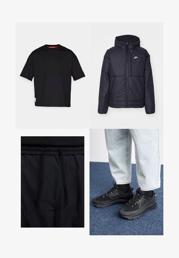 Melna, pufota Nike jaka ar priekšējo rāvējslēdzēju un kapuci. Iezīmēta ar baltu logotipu uz kreisās krūtis un divām priekšējām kabatām. Gluda ārējā tekstūra.; Melnas kokvilnas t-krekls ar apļa kakla izgriezumu, īsām piedurknēm un birku apakšmalā. Audums ir gluds un viegls.; Melni šorti ar sašūtu jostu, viegls audums ar gludu tekstūru un vienkāršs dizains bez redzamiem logotipiem vai paraugiem.; Melni sporta apavi ar strukturētu audumu un gumijas zoli, ar elastīgām auklām un zilu akcentu uz papēža. Nēsāti ar gaišām džinsu biksēm.