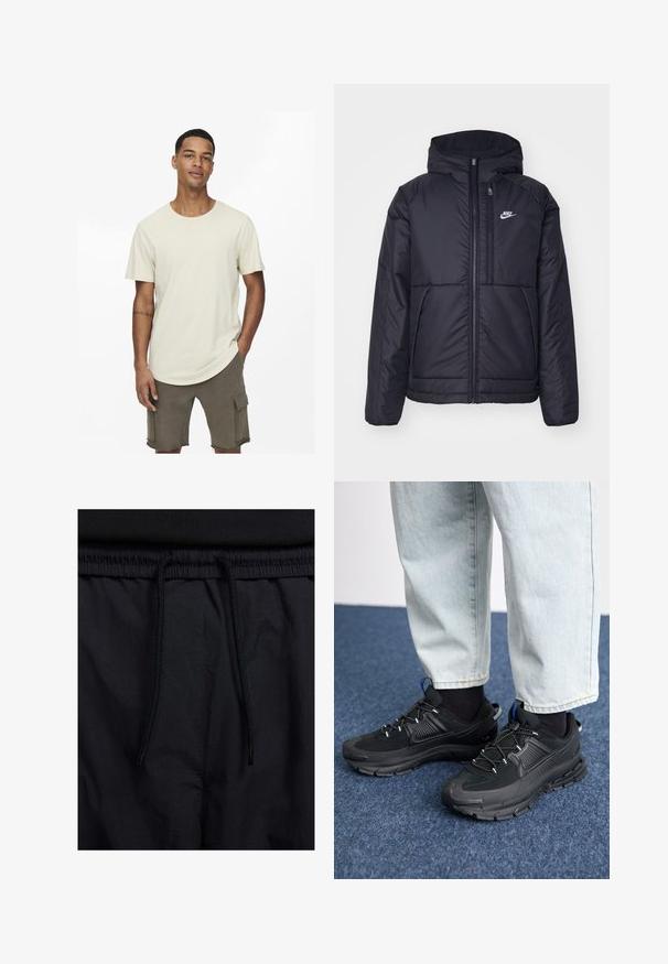 Schwarze, gepolsterte Nike-Jacke mit Frontreißverschluss und Kapuze. Hat ein weißes Logo auf der linken Brust und zwei Fronttaschen. Glattes äußeres Material.; Beige Baumwoll-T-Shirt mit Rundhalsausschnitt, kurzen Ärmeln und lockerer Passform. Kombiniert mit olivgrünen Cargo-Shorts mit Taschen.; Schwarze Shorts mit einem Kordelzugbund, leichtem Stoff mit glatter Textur und einem schlichten Design ohne sichtbare Logos oder Muster.; Schwarze Sportschuhe aus strukturiertem Stoff mit Gummisohlen, ausgestattet mit elastischen Schnürsenkeln und einem blauen Akzent an der Ferse. Getragen mit hellen Jeans.