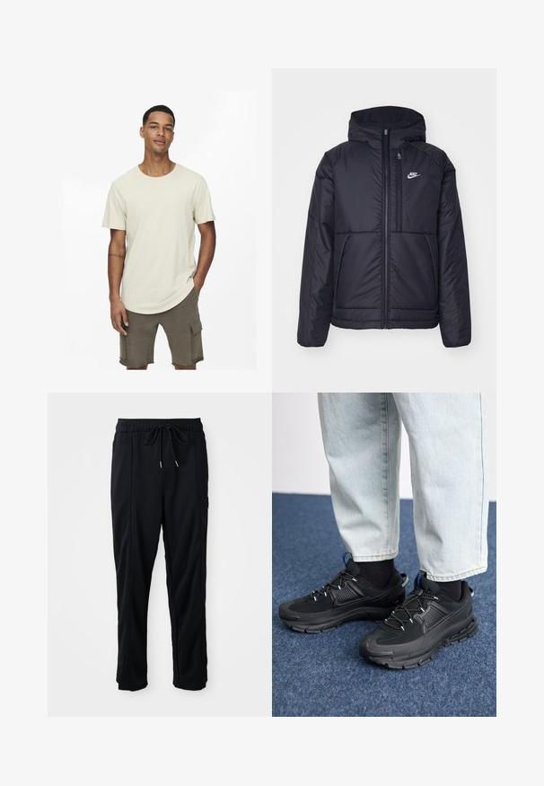 Zwarte, gewatteerde Nike-jas met een voorkant met ritssluiting en capuchon. Kenmerkt zich door een wit logo op de linkerborst en dubbele frontzakken. Gladde buitenkant.; Beige katoenen t-shirt met een ronde hals, korte mouwen en een relaxed fit. Gecombineerd met olijfgroene cargobroeken met zakken.; Zwarte casual broek met koord in de taille, met zijzakken en rechte pijpen op een effen achtergrond.; Zwarte sportschoenen met gestructureerde stof en rubberen zolen, met elastische veters en een blauwe accent op de hiel. Draag samen met lichte spijkerbroeken.