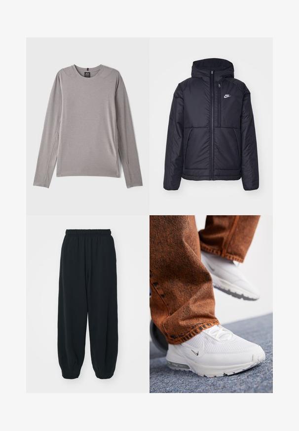 Veste Nike noire rembourrée avec une fermeture éclair sur le devant et une capuche. Elle présente un logo blanc sur la poitrine gauche et deux poches avant. Texture extérieure lisse.; Chemise grise à manches longues avec un col rond, des fentes sur les côtés et un tissu lisse et extensible. Design minimaliste sans motifs ni embellissements.; Pantalons de survêtement noirs avec taille élastiquée, coupe ample, chevilles côtelées, texture lisse et sans motifs ni accents matériels visibles.; Nike Sportswear PULSE - Baskets basses - white/summit white