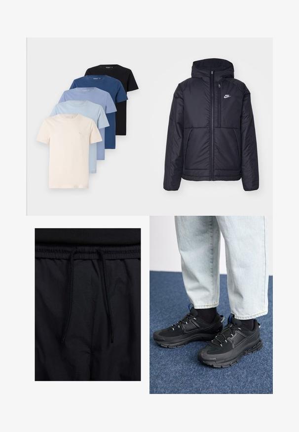 Črna, podložena Nike jakna z sprednjim zadrgo in kapuco. Ima bel logo na levem prsnem delu in dvojna sprednja žepa. Gladka zunanja tekstura.; Kolekcija pet majic s okruglim izrezom u nijansama krem, svijetloplave, tamnoplave i crne, izrađenih od mekog pamuka, s jednostavnim dizajnom.; Črne kratke hlače z vrvico v pasu, lahkotna tkanina z gladko teksturo in preprosto zasnovo brez vidnih logotipov ali vzorcev.; Črne športne čevlje z teksturirano tkanino in gumijastimi podplati, ki imajo elastične vezalke ter modre poudarke na peti. Nosi se z lahkimi denim hlačami.