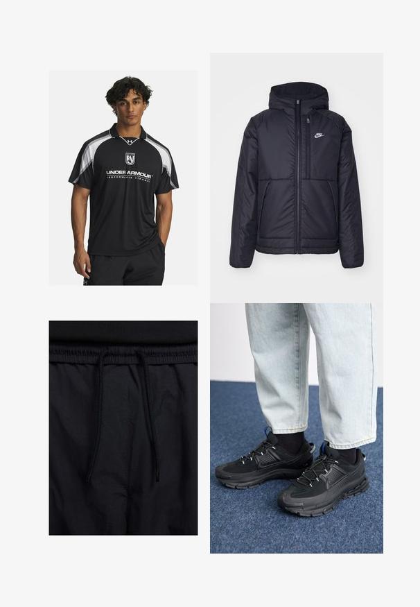 Melna, pufota Nike jaka ar priekšējo rāvējslēdzēju un kapuci. Iezīmēta ar baltu logotipu uz kreisās krūtis un divām priekšējām kabatām. Gluda ārējā tekstūra.; Melnās sporta polo krekls ar īsām piedurknēm, baltajām akcentiem un izšūtu logo. Izgatavots no elpojoša materiāla, ideāli piemērots aktīvā apģērba valkāšanai.; Melni šorti ar sašūtu jostu, viegls audums ar gludu tekstūru un vienkāršs dizains bez redzamiem logotipiem vai paraugiem.; Melni sporta apavi ar strukturētu audumu un gumijas zoli, ar elastīgām auklām un zilu akcentu uz papēža. Nēsāti ar gaišām džinsu biksēm.