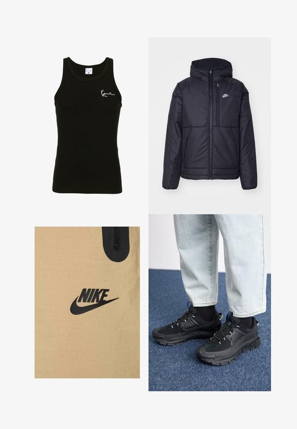 Must musta Nike jope, millel on ees lukuga avamine ja kapuuts. Vasakpoolne rind on kaunistatud valge logoga ning ees on kaks taskut. Sile välimine tekstuur.; Must mustriba tank top ümmarguse kaeluse ja kitsaste õlavarre rihmadega. Vasakul rinnal on valge tikitud logo.; Nike beež kangas, millel on sile tekstuur, sisaldab silmapaistvat musta logo disaini. Ülaservas on lühike must tõmblukk.; Mustad mustad jooksukingad, millel on tekstureeritud kangas ja kummist tallad, elastsed nöörid ning sinine aksent kandadel. Kandmine heledate teksadega.