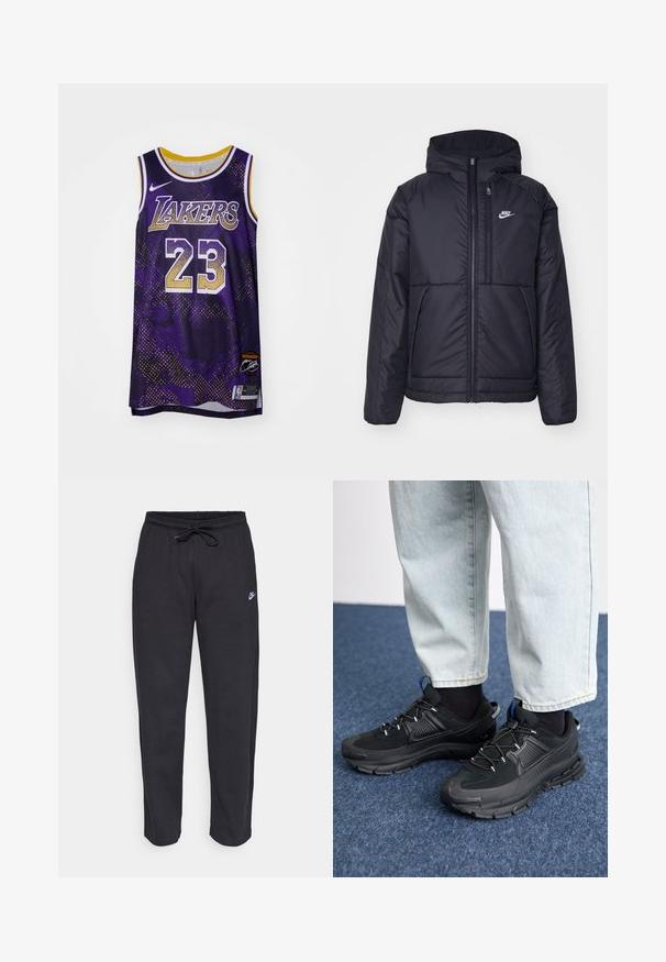 Svart, polstret Nike-jakke med frontglidelås og hette. Har en hvit logo på venstre bryst og doble frontlommer. Glatt ytterside.; Lilla basketballtrøye med "LAKERS" i hvitt, nummer "23" i gull, mesh-stoff og gullkant langs kragen. NBA-logo på kanten.; Sorte sweatpants laget av mykt stoff med elastisk midjebånd, snøring og en liten Nike-logo på venstre lår.; Svarte sportssko med teksturert stoff og gummisåler, med elastiske lisser og en blå detalj på hælen. Brukt med lyse denimbukser.