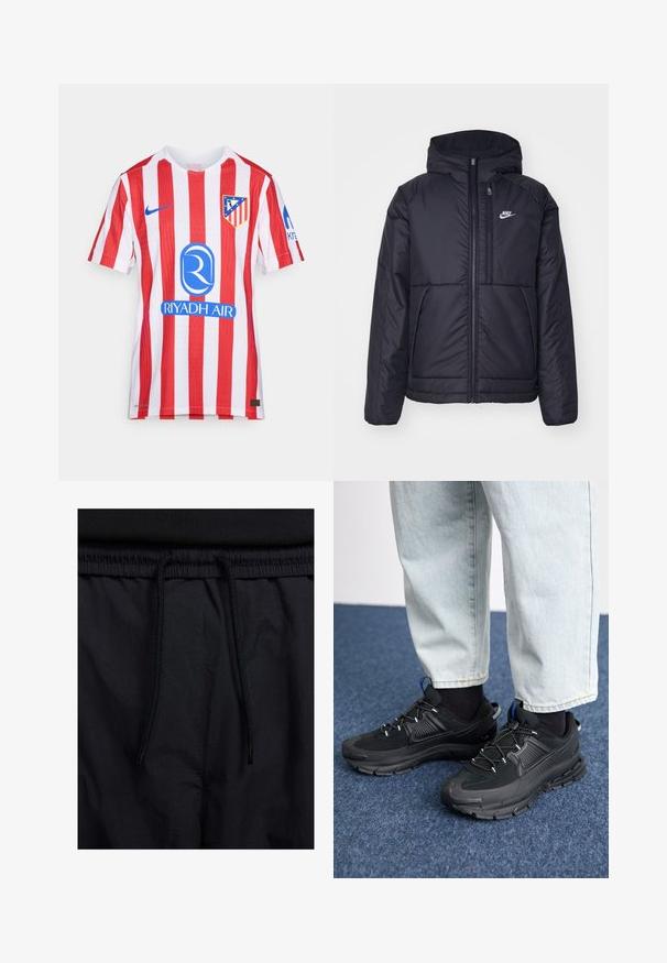 Melna, pufota Nike jaka ar priekšējo rāvējslēdzēju un kapuci. Iezīmēta ar baltu logotipu uz kreisās krūtis un divām priekšējām kabatām. Gluda ārējā tekstūra.; Sarkans un balts svītrots futbola krekls, izgatavots no elpojoša auduma. Priekšpusē ir Nike logo, komandas emblēma un zils sponsora logo.; Melni šorti ar sašūtu jostu, viegls audums ar gludu tekstūru un vienkāršs dizains bez redzamiem logotipiem vai paraugiem.; Melni sporta apavi ar strukturētu audumu un gumijas zoli, ar elastīgām auklām un zilu akcentu uz papēža. Nēsāti ar gaišām džinsu biksēm.