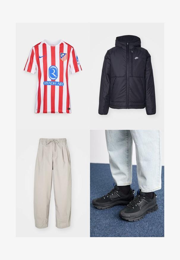 Melna, pufota Nike jaka ar priekšējo rāvējslēdzēju un kapuci. Iezīmēta ar baltu logotipu uz kreisās krūtis un divām priekšējām kabatām. Gluda ārējā tekstūra.; Sarkans un balts svītrots futbola krekls, izgatavots no elpojoša auduma. Priekšpusē ir Nike logo, komandas emblēma un zils sponsora logo.; Beige, viegla auduma bikses ar elastīgu jostu un auklu. Iespējas - krokas un brīvs piegriezums, izgatavotas no mīksta, gluda auduma.; Melni sporta apavi ar strukturētu audumu un gumijas zoli, ar elastīgām auklām un zilu akcentu uz papēža. Nēsāti ar gaišām džinsu biksēm.