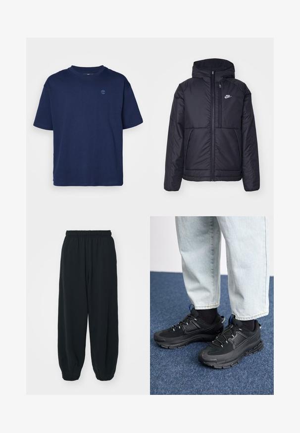 Casaco Nike preto, acolchoado, com fecho à frente e capuz. Apresenta um logo branco no lado esquerdo do peito e dois bolsos frontais. Textura exterior lisa.; T-shirt de algodão azul marinho com decote redondo, mangas curtas e um pequeno logótipo tonal no peito. Ajuste casual, textura suave.; Calças de fato de treino pretas, com cintura elástica e um corte solto, com punhos nas pernas, textura suave e sem padrões visíveis ou detalhes de metal.; Sapatilhas desportivas pretas com tecido texturizado e solas em borracha, apresentando atacadores elásticos e um detalhe azul no calcanhar. Usadas com calças de ganga claras.