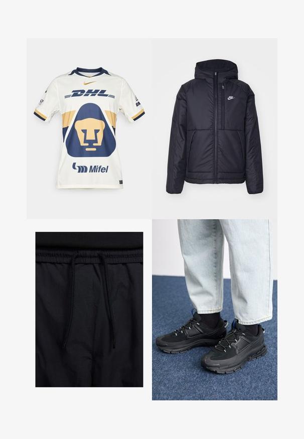 Svart, polstret Nike-jakke med frontglidelås og hette. Har en hvit logo på venstre bryst og doble frontlommer. Glatt ytterside.; Hvit sportsdrakt med marineblå og gull aksenter. Har et løvegrafikk, "DHL"-logo og "Mifel"-merke. Kortermet og rund hals design.; Sorte shorts med snor i livet, lett stoff med en jevn tekstur, og et enkelt design uten synlige logoer eller mønstre.; Svarte sportssko med teksturert stoff og gummisåler, med elastiske lisser og en blå detalj på hælen. Brukt med lyse denimbukser.