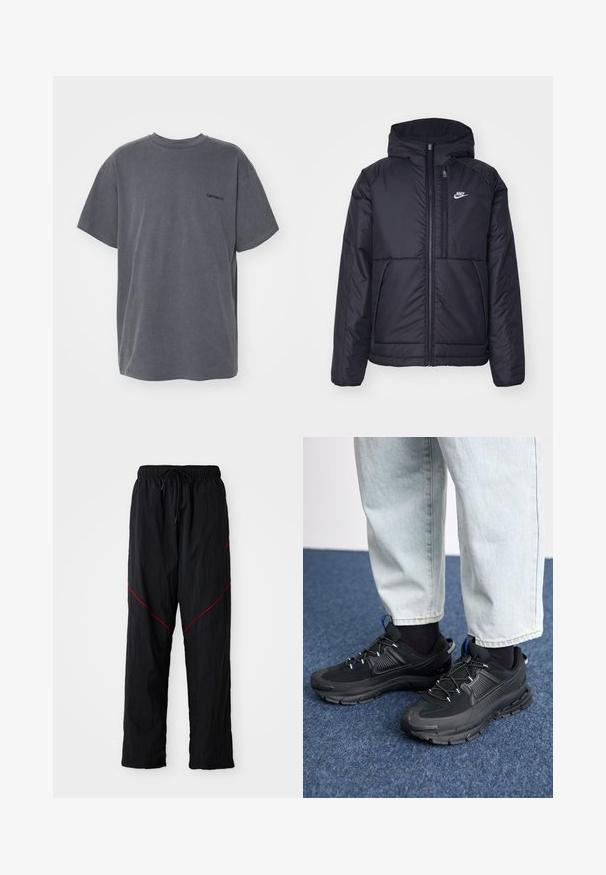 Giacca Nike nera, imbottita, con zip frontale e cappuccio. Presenta un logo bianco sul lato sinistro del petto e doppie tasche frontali. Texture esterna liscia.; Carhartt WIP DUSTER SCRIPT - T-shirt basic - black; Pantaloni sportivi neri con una finitura testurizzata, dotati di vita con cordino, linee di accento rosse e una vestibilità ampia.; Scarpe sportive nere con tessuto testurizzato e suole in gomma, dotate di lacci elastici e un accento blu sul tallone. Indossate con pantaloni in denim chiaro.