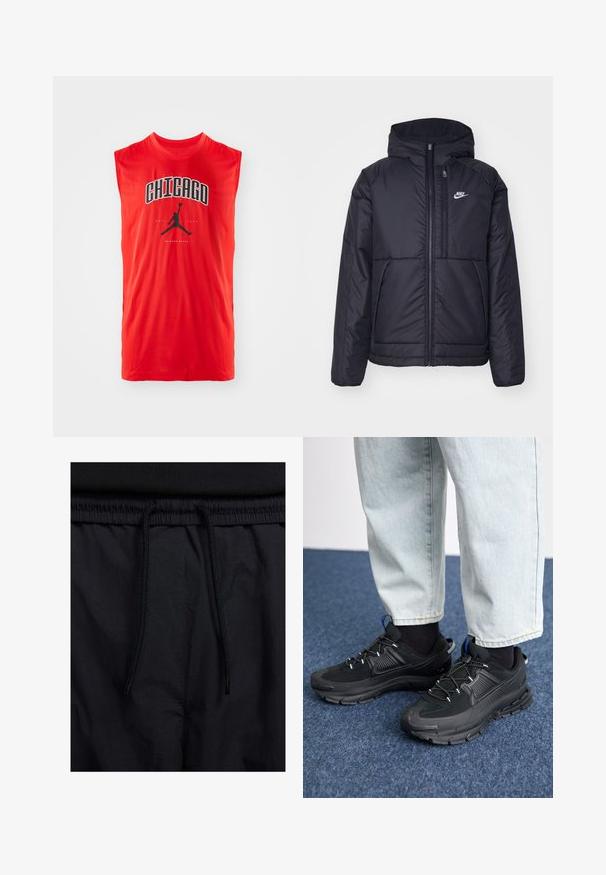 Svart, polstret Nike-jakke med frontglidelås og hette. Har en hvit logo på venstre bryst og doble frontlommer. Glatt ytterside.; Rød ermeløs treningsskjorte med svart "CHICAGO" tekst og en svart Nike Air Jordan-logo sentrert under teksten. Behagelig, lett stoff.; Sorte shorts med snor i livet, lett stoff med en jevn tekstur, og et enkelt design uten synlige logoer eller mønstre.; Svarte sportssko med teksturert stoff og gummisåler, med elastiske lisser og en blå detalj på hælen. Brukt med lyse denimbukser.