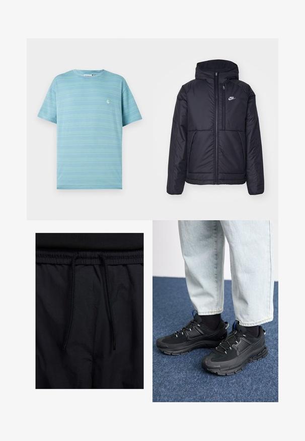 Casaco Nike preto, acolchoado, com fecho à frente e capuz. Apresenta um logo branco no lado esquerdo do peito e dois bolsos frontais. Textura exterior lisa.; T-shirt de manga curta azul claro com riscas horizontais e um pequeno logótipo no peito. Feita de um tecido suave com um corte solto.; Calções pretos com um cós elástico ajustável, fabricados em tecido leve com uma textura suave e um design simples, sem logótipos ou padrões visíveis.; Sapatilhas desportivas pretas com tecido texturizado e solas em borracha, apresentando atacadores elásticos e um detalhe azul no calcanhar. Usadas com calças de ganga claras.