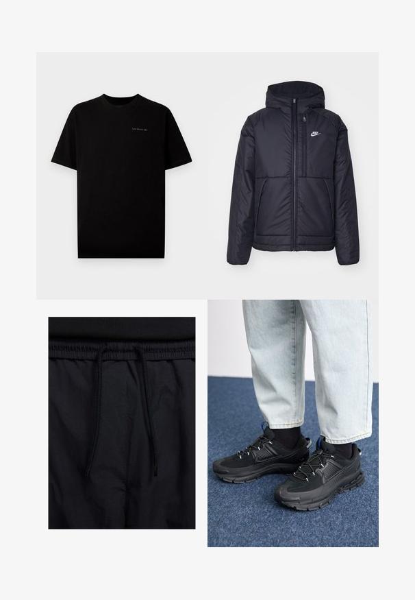 Black, padded Nike jacket with a front zipper and hood. Features a white logo on the left chest and dual front pockets. Smooth exterior texture.; Black cotton t-shirt with short sleeves and a round neckline. Features a small logo "Last Resort AB" embroidered in a light color on the chest.; Black shorts featuring a drawstring waistband, lightweight fabric with a smooth texture, and a simple design without visible logos or patterns.; Black athletic shoes with textured fabric and rubber soles, featuring elastic laces and a blue accent on the heel. Worn with light denim pants.