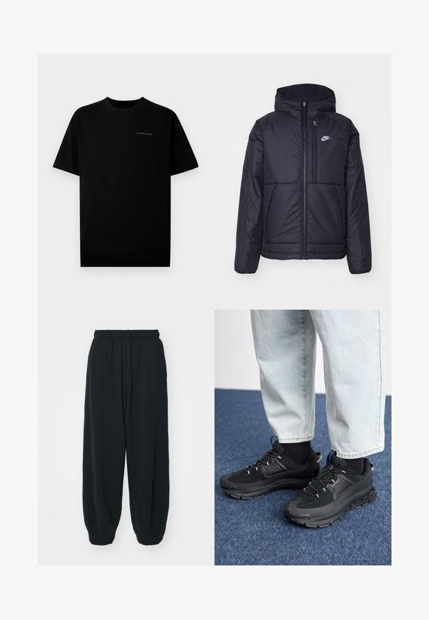 Čierna, polstrovaná bunda Nike so zipsom vpredu a kapucňou. Na ľavej strane hrude sa nachádza biele logo a sú tu dva predné vrecká. Hladký vonkajší povrch.; Čierne bavlnené tričko s krátkymi rukávmi a okrúhlym výstrihom. Na hrudi má malé logo "Last Resort AB" vyšívané svetlou farbou.; Čierne tepláky s elastickým pásom, vo voľnom strihu, s manžetami na členkoch, hladkej textúry a bez viditeľných vzorov alebo kovových doplnkov.; Čierne športové topánky s textúrovanou tkaninou a gumovou podrážkou, so elastickými šnúrkami a modrým akcentom na päte. Nosia sa s svetlými riflami.