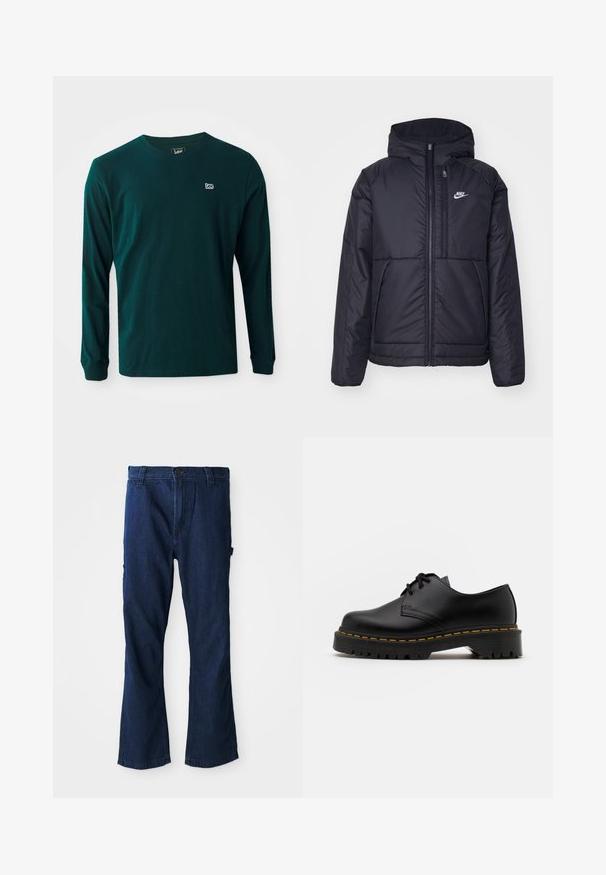 Musta, pehmustettu Nike-takki, jossa on etuvetoketju ja huppu. Vasemmassa rinnassa on valkoinen logo ja takissa on kaksinkertaiset etutaskut. Pintakoe on sileä.; Pitkähihaine t-paita tummanvihreästä puuvillasta, jossa on pyöreä pääntie ja pieni valkoinen logo vasemmassa rinnassa. Sileä kangas, rento istuvuus.; Siniset farkut, joissa on suora lahjamuoto, nappisuljenta ja kaksi sivutaskua, joissa on lievää kulumaa.; Musta nahkainen nauhakenkä, jossa on pyöreä kärki, kuvioitu kumipohja ja keltaiset tikit ympäri pohjaa. Litteä muotoilu ja sileä pinta.