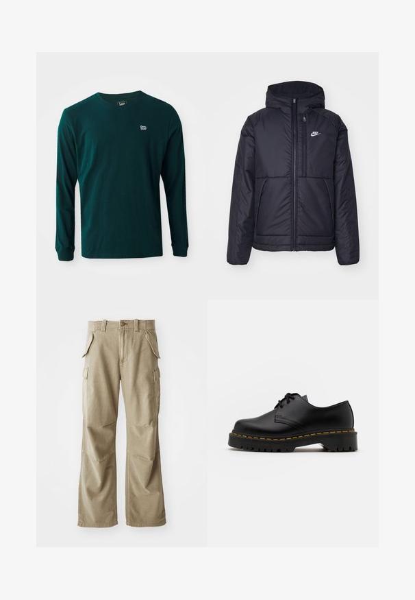Svart, vadderad Nike-jacka med dragkedja framtill och huva. Har en vit logotyp på vänster bröst och dubbla framfickor. Slät yttextur.; Långärmad T-shirt i mörkgrön bomull med rundad halsringning och en liten vit logotyp på den vänstra bröstet. Slät textur, avslappnad passform.; Beiga cargobyxor tillverkade av hållbart tyg, med en avslappnad passform, flera sidfickor och förstärkta knän. Platt framdesign.; Svart läder snörsko med rundad tå, texturerad gummisula och gul söm runt basen. Platt design och slät yta.