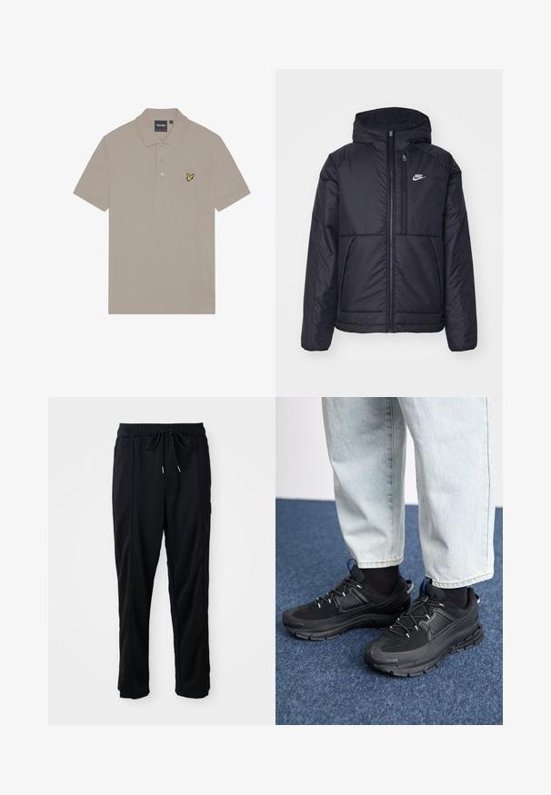 Fekete, párnázott Nike dzseki elülső cipzárral és kapucnival. A bal mellen fehér logó található, valamint két elülső zseb. Simának tűnő külső felület.; Beige színű pamut poloing, háromgombos kivitellel, és egy kis sárga hímzett madárlogóval a bal mellrészen.; Fekete húzózsinóros, kényelmes nadrág oldalsó varrású zsebekkel és egyenes szabással, egyszínű háttéren.; Fekete sportcipők texturált anyaggal és gumitalppal, elasztikus fűzőkkel és kék kiegészítővel a saroknál. Világos farmernadrággal viselve.