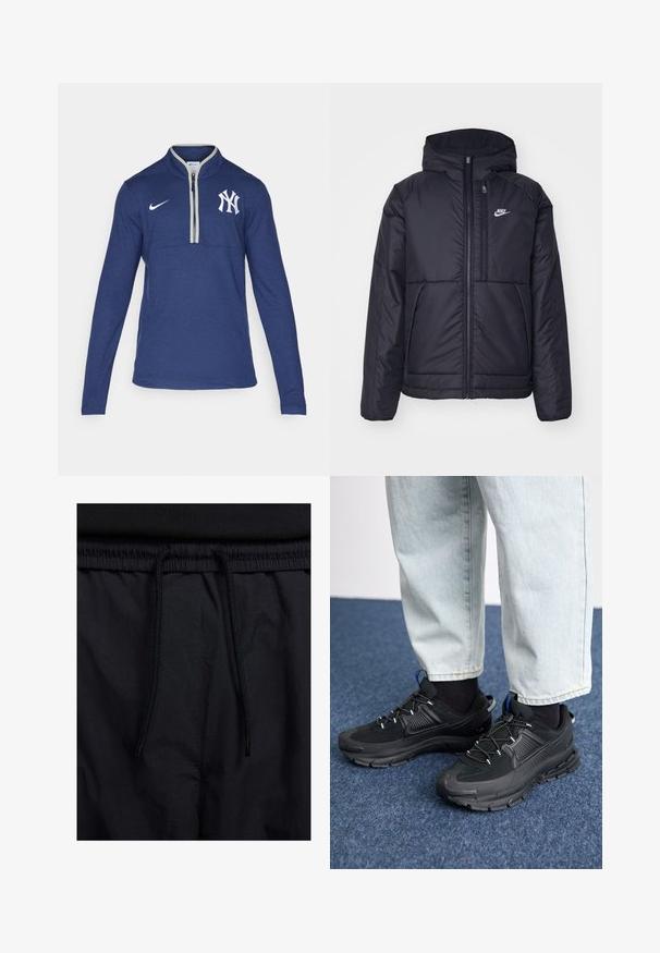 Crna Nike jakna s podstavom, dugmadi sprijeda i kapuljačom. Ima bijeli logotip na lijevoj strani prsnog koša i dva prednja džepa. Glatka vanjska tekstura.; Tamno plavi pulover dugih rukava s polu-zip ovratnikom, s bijelim Nike logotipom i bijelim amblemom New York Yankees na prsima.; Crne kratke hlače s pojasom na vezanje, lagani materijal s glatkom teksturom i jednostavan dizajn bez vidljivih logotipa ili uzoraka.; Crne atletske cipele s teksturiranom tkaninom i gumene potplate, s elastičnim vezicama i plavim akcentom na peti. Nosene su s svijetlim trapericama.