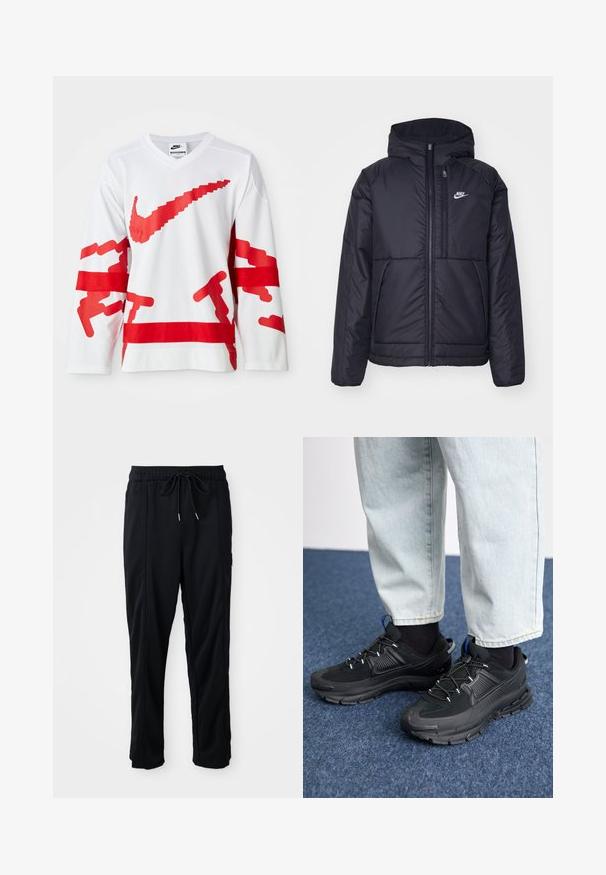 Schwarze, gepolsterte Nike-Jacke mit Frontreißverschluss und Kapuze. Hat ein weißes Logo auf der linken Brust und zwei Fronttaschen. Glattes äußeres Material.; Weißes Langarmtrikot mit roten grafischen Elementen, einschließlich eines großen Nike-Logos. Es hat eine Netzstruktur und kontrastierende horizontale rote Streifen.; Schwarze lässige Hosen mit Kordelzug und seitlichen Eingrifftaschen sowie geradem Bein auf einem einfarbigen Hintergrund.; Schwarze Sportschuhe aus strukturiertem Stoff mit Gummisohlen, ausgestattet mit elastischen Schnürsenkeln und einem blauen Akzent an der Ferse. Getragen mit hellen Jeans.