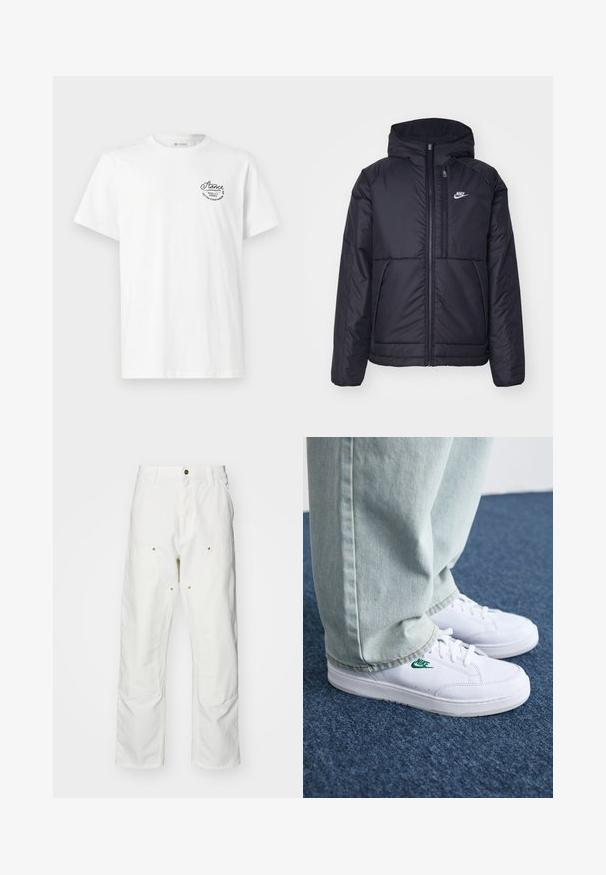 Veste Nike noire rembourrée avec une fermeture éclair sur le devant et une capuche. Elle présente un logo blanc sur la poitrine gauche et deux poches avant. Texture extérieure lisse.; T-shirt en coton blanc avec un col rond et des manches courtes, ornée d'un logo brodé noir sur le coin supérieur gauche.; Pantalons cargo en coton blanc avec une coupe décontractée. Les caractéristiques incluent des poches avant, des accents en métal doré et des sections de genoux renforcées.; Baskets en cuir blanc avec logo Nike vert, bout rond, semelle plate, associées à un pantalon en denim bleu clair, présentées sur un tapis bleu.