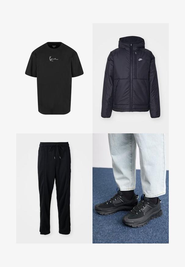 Svart, polstret Nike-jakke med frontglidelås og hette. Har en hvit logo på venstre bryst og doble frontlommer. Glatt ytterside.; Svart bomull T-skjorte med korte ermer, rund hals og en hvit signaturlogo trykt på forsiden. Glatt tekstur og avslappet passform.; Svarte casual bukser med strikk i livet, sidelommer og rett bein på en ensfarget bakgrunn.; Svarte sportssko med teksturert stoff og gummisåler, med elastiske lisser og en blå detalj på hælen. Brukt med lyse denimbukser.