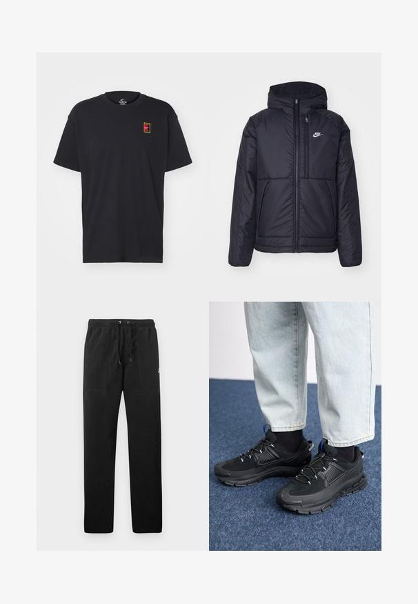 Črna, podložena Nike jakna z sprednjim zadrgo in kapuco. Ima bel logo na levem prsnem delu in dvojna sprednja žepa. Gladka zunanja tekstura.; Črna majica s kratkimi rokavi z okroglim izrezom, izdelana iz bombaža, z manjšim večbarvnim logotipom Nike v pravokotnem oblikovanju na prsih.; Črne trenirke iz flisa, z elastičnim pasom in vrvico, dvema sprednjima žepoma ter majhnim logotipom na stegnu.; Črne športne čevlje z teksturirano tkanino in gumijastimi podplati, ki imajo elastične vezalke ter modre poudarke na peti. Nosi se z lahkimi denim hlačami.