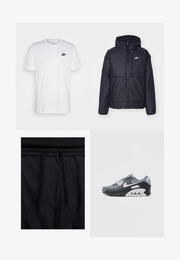 Crna Nike jakna s podstavom, dugmadi sprijeda i kapuljačom. Ima bijeli logotip na lijevoj strani prsnog koša i dva prednja džepa. Glatka vanjska tekstura.; Bijela pamučna majica s kragnom, kratkim rukavima i crnim Nike logom na lijevoj strani grudi. Jednostavan, jednobojni dizajn.; Crne kratke hlače s pojasom na vezanje, lagani materijal s glatkom teksturom i jednostavan dizajn bez vidljivih logotipa ili uzoraka.; Sivi tenis s mješavinom mrežastih i brušenih materijala, s crnim potplatom i vidljivom zračnom jedinicom. Primjetni svijetlosivi detalji i vezice.