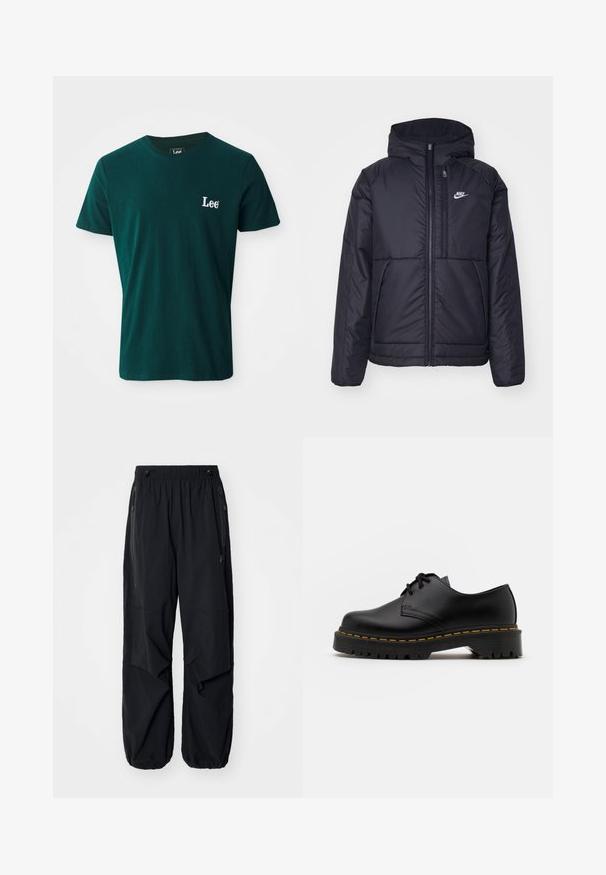 Black, padded Nike jacket with a front zipper and hood. Features a white logo on the left chest and dual front pockets. Smooth exterior texture.; Dark green cotton t-shirt featuring a crew neck, short sleeves, and a white embroidered "Lee" logo on the left chest.; Black lightweight cargo pants with an elastic waistband, side zippers, and spacious pockets. Features a loose fit and tapered cuffs.; Black leather lace-up shoe with a rounded toe, textured rubber sole, and yellow stitching around the base. Flat design and smooth finish.