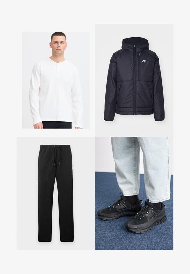 Giacca Nike nera, imbottita, con zip frontale e cappuccio. Presenta un logo bianco sul lato sinistro del petto e doppie tasche frontali. Texture esterna liscia.; Maglietta henley bianca a maniche lunghe realizzata in tessuto morbido con scollo a V e patta con tre bottoni. Design semplice e testurizzato con una vestibilità comoda.; Pantaloni sportivi neri in felpa, dotati di cintura elastica con cordini, due tasche anteriori e un piccolo logo sulla coscia.; Scarpe sportive nere con tessuto testurizzato e suole in gomma, dotate di lacci elastici e un accento blu sul tallone. Indossate con pantaloni in denim chiaro.