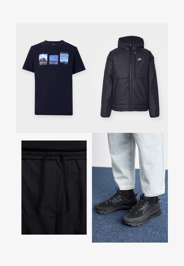 Črna, podložena Nike jakna z sprednjim zadrgo in kapuco. Ima bel logo na levem prsnem delu in dvojna sprednja žepa. Gladka zunanja tekstura.; T-maica v mornarsko modri barvi, izdelana iz teksturiranega materiala, s štirimi natisnjenimi slikami pokrajine in belim besedilom, okroglim izrezom in kratkimi rokavi.; Črne kratke hlače z vrvico v pasu, lahkotna tkanina z gladko teksturo in preprosto zasnovo brez vidnih logotipov ali vzorcev.; Črne športne čevlje z teksturirano tkanino in gumijastimi podplati, ki imajo elastične vezalke ter modre poudarke na peti. Nosi se z lahkimi denim hlačami.