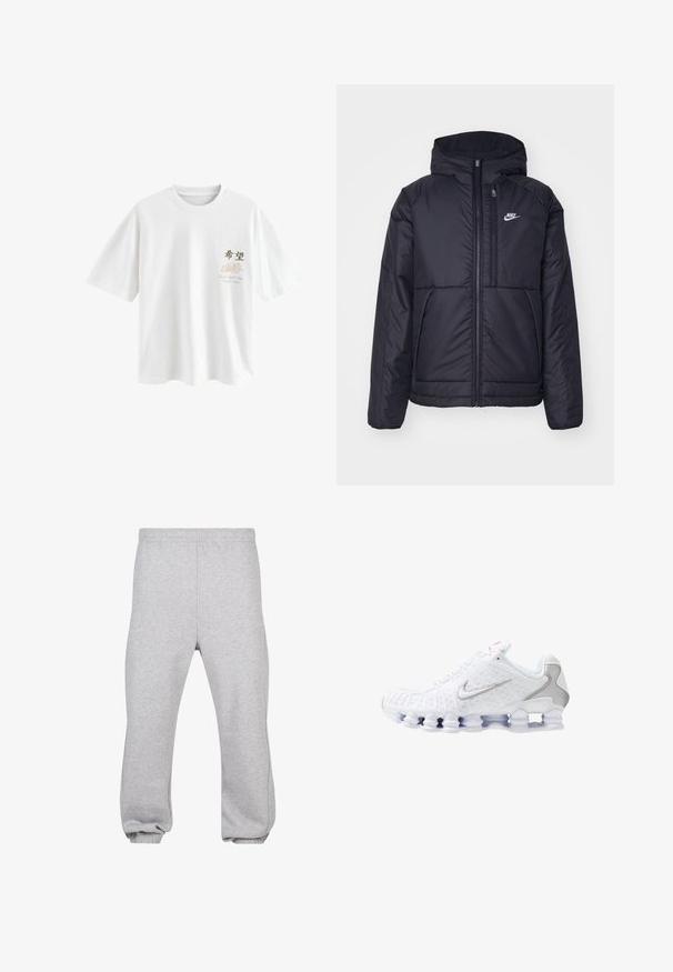 Must musta Nike jope, millel on ees lukuga avamine ja kapuuts. Vasakpoolne rind on kaunistatud valge logoga ning ees on kaks taskut. Sile välimine tekstuur.; Next Trükipildiga T-särk - white japan; Hallide hallid puuvillasegusest kangast dressipüksid, millel on elastne vöökoht, kitsenevad jalad ja mansetid. Lihtne disain, ilma mustriteta.; Valged spordijalatsid, millel on tekstuuriga pealiskülg hõbedase Swooshi logoga, võrkkangast paneelid ja iseloomulik jagatud valge tallaga.}}