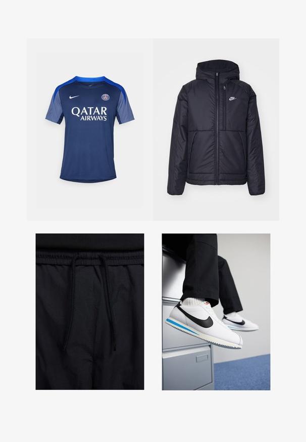 Černá zateplená bunda Nike s předním zipem a kapucí. Na levé straně hrudi má bílé logo a dvojité přední kapsy. Hladký povrch.; Modrý fotbalový dres Nike s krátkými rukávy, kulatým výstřihem a logem "Qatar Airways" na přední straně. Texturovaná tkanina s kontrastními akcenty.; Černé šortky s páskem na šňůrku, lehký materiál s hladkou texturou a jednoduchý design bez viditelných log nebo vzorů.; Bílé kožené tenisky s černým logem Nike, světle modrou a šedou gumovou podrážkou a klasickým šněrovacím designem. Nohy odpočívají na skříni.