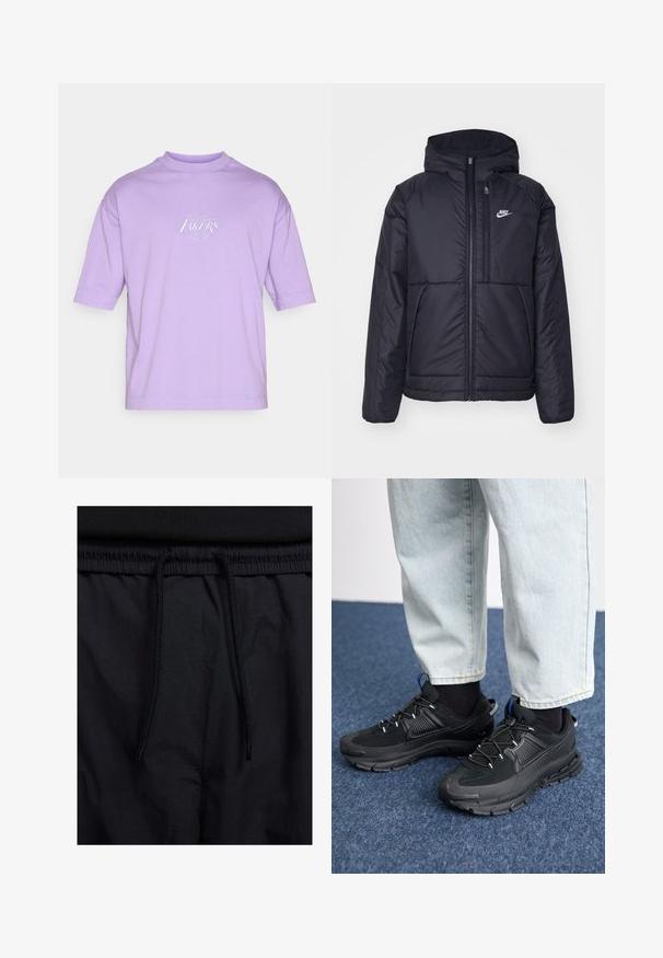 Svart, polstret Nike-jakke med frontglidelås og hette. Har en hvit logo på venstre bryst og doble frontlommer. Glatt ytterside.; Lilla kortermet t-skjorte laget av bomull, med rund halslinning og trykt "Los Angeles Lakers"-logo på forsiden.; Sorte shorts med snor i livet, lett stoff med en jevn tekstur, og et enkelt design uten synlige logoer eller mønstre.; Svarte sportssko med teksturert stoff og gummisåler, med elastiske lisser og en blå detalj på hælen. Brukt med lyse denimbukser.