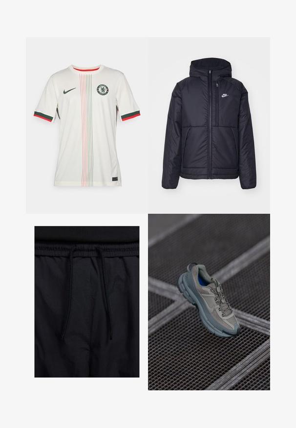 Čierna, polstrovaná bunda Nike so zipsom vpredu a kapucňou. Na ľavej strane hrude sa nachádza biele logo a sú tu dva predné vrecká. Hladký vonkajší povrch.; Biely futbalový dres s krátkymi rukávmi, zelené a červené akcenty na manžetách a golieri, centrálne znak a vertikálne farebné pruhy. Prítomné logo Nike.; Čierne šortky s pásom na stiahnutie, z ľahkej látky s hladkou textúrou a jednoduchým dizajnom bez viditeľných log alebo vzorov.; Béžová a šedá športová obuv s textúrovaným sieťovaným zvrškom, okrúhlou špičkou a gumovou podrážkou, vybavená šnúrkami a polstrovaným golierom.