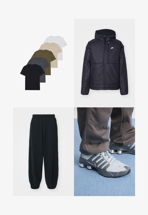 Casaco Nike preto, acolchoado, com fecho à frente e capuz. Apresenta um logo branco no lado esquerdo do peito e dois bolsos frontais. Textura exterior lisa.; Cinco t-shirts de gola redonda dispostas em um degradê: preto, cinza escuro, verde oliva, bege e branco. Feitas de um tecido suave e respirável.; Calças de fato de treino pretas, com cintura elástica e um corte solto, com punhos nas pernas, textura suave e sem padrões visíveis ou detalhes de metal.; Ténis Nike Shox cinza e prata apresentam um design elegante, com materiais em malha e sintéticos, ponta arredondada e colarinho acolchoado.