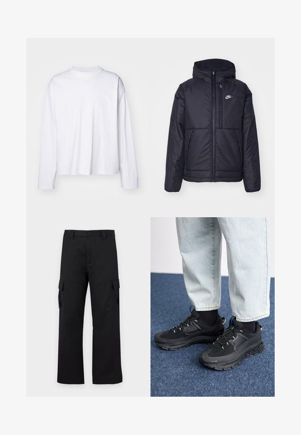 Giacca Nike nera, imbottita, con zip frontale e cappuccio. Presenta un logo bianco sul lato sinistro del petto e doppie tasche frontali. Texture esterna liscia.; Weekday GREAT BOXY LONG SLEEVE  - Maglietta a manica lunga - white; Pantaloni cargo neri con design a gamba dritta. Realizzati in tessuto resistente, dotati di due tasche laterali con chiusura a pattina e chiusura con bottone.; Scarpe sportive nere con tessuto testurizzato e suole in gomma, dotate di lacci elastici e un accento blu sul tallone. Indossate con pantaloni in denim chiaro.