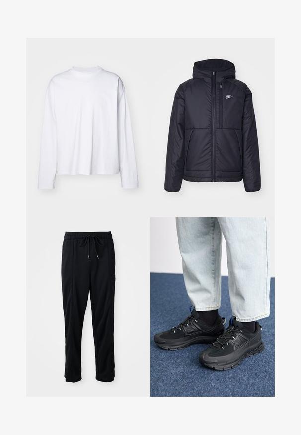 Casaco Nike preto, acolchoado, com fecho à frente e capuz. Apresenta um logo branco no lado esquerdo do peito e dois bolsos frontais. Textura exterior lisa.; Weekday GREAT BOXY LONG SLEEVE - Camisola de manga comprida - white; Calças casuais pretas com cordão na cintura, com bolsos laterais e corte reto, sobre um fundo simples.; Sapatilhas desportivas pretas com tecido texturizado e solas em borracha, apresentando atacadores elásticos e um detalhe azul no calcanhar. Usadas com calças de ganga claras.