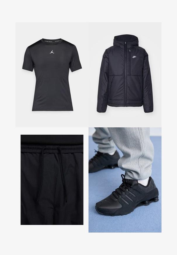Černá zateplená bunda Nike s předním zipem a kapucí. Na levé straně hrudi má bílé logo a dvojité přední kapsy. Hladký povrch.; Černé sportovní tričko s krátkým rukávem s bílým logem Jumpman umístěným uprostřed hrudi a textem "Jordan Sports" uvnitř límce.; Černé šortky s páskem na šňůrku, lehký materiál s hladkou texturou a jednoduchý design bez viditelných log nebo vzorů.; Osoba v černých teniskách Nike Shox a šedých teplákových kalhotách stojí na světle modrém koberci.