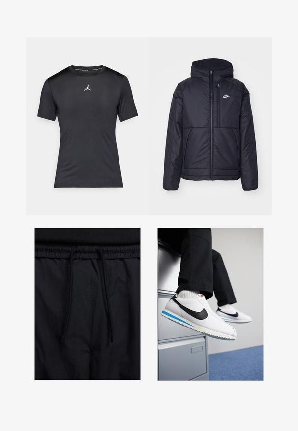 Black, padded Nike jacket with a front zipper and hood. Features a white logo on the left chest and dual front pockets. Smooth exterior texture.; Black short-sleeve athletic t-shirt with a white Jumpman logo centered on the chest and "Jordan Sports" text inside the collar.; Black shorts featuring a drawstring waistband, lightweight fabric with a smooth texture, and a simple design without visible logos or patterns.; White leather sneakers with a black Nike swoosh, light blue and grey rubber sole, and classic lace-up design. Feet resting on a filing cabinet.