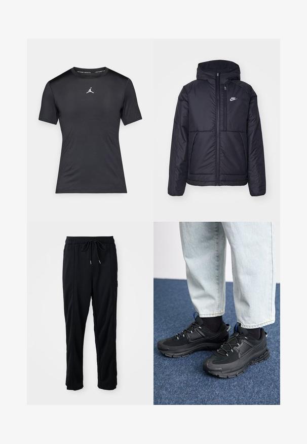 Jachetă Nike neagră, căptușită, cu fermoar pe față și glugă. Prezintă un logo alb pe pieptul stâng și două buzunare frontale. Textură exterioară netedă.; Tricou sportiv cu mânecă scurtă, negru, cu un logo Jumpman alb centrat pe piept și textul "Jordan Sports" în interiorul gulerului.; Pantaloni casual negri cu șnur la talie, cu buzunare laterale și croială dreaptă, pe un fundal simplu.; Pantofi sport negri, cu țesătură texturată și tălpi din cauciuc, având șireturi elastice și un accent albastru pe toc. Purtați cu pantaloni din denim deschis.