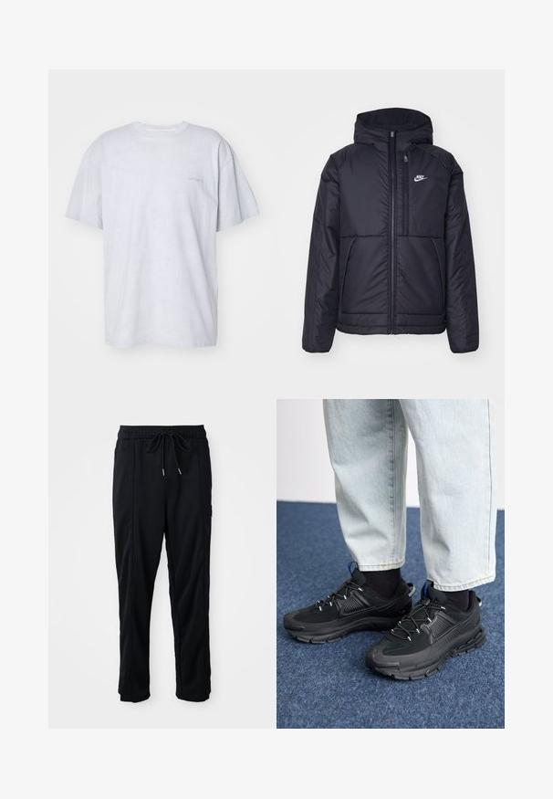 Black, padded Nike jacket with a front zipper and hood. Features a white logo on the left chest and dual front pockets. Smooth exterior texture.; Carhartt WIP DUSTER SCRIPT - Basic T-shirt - basalt; Black drawstring waist casual pants with side seam pockets and straight leg cut on a plain background.; Black athletic shoes with textured fabric and rubber soles, featuring elastic laces and a blue accent on the heel. Worn with light denim pants.
